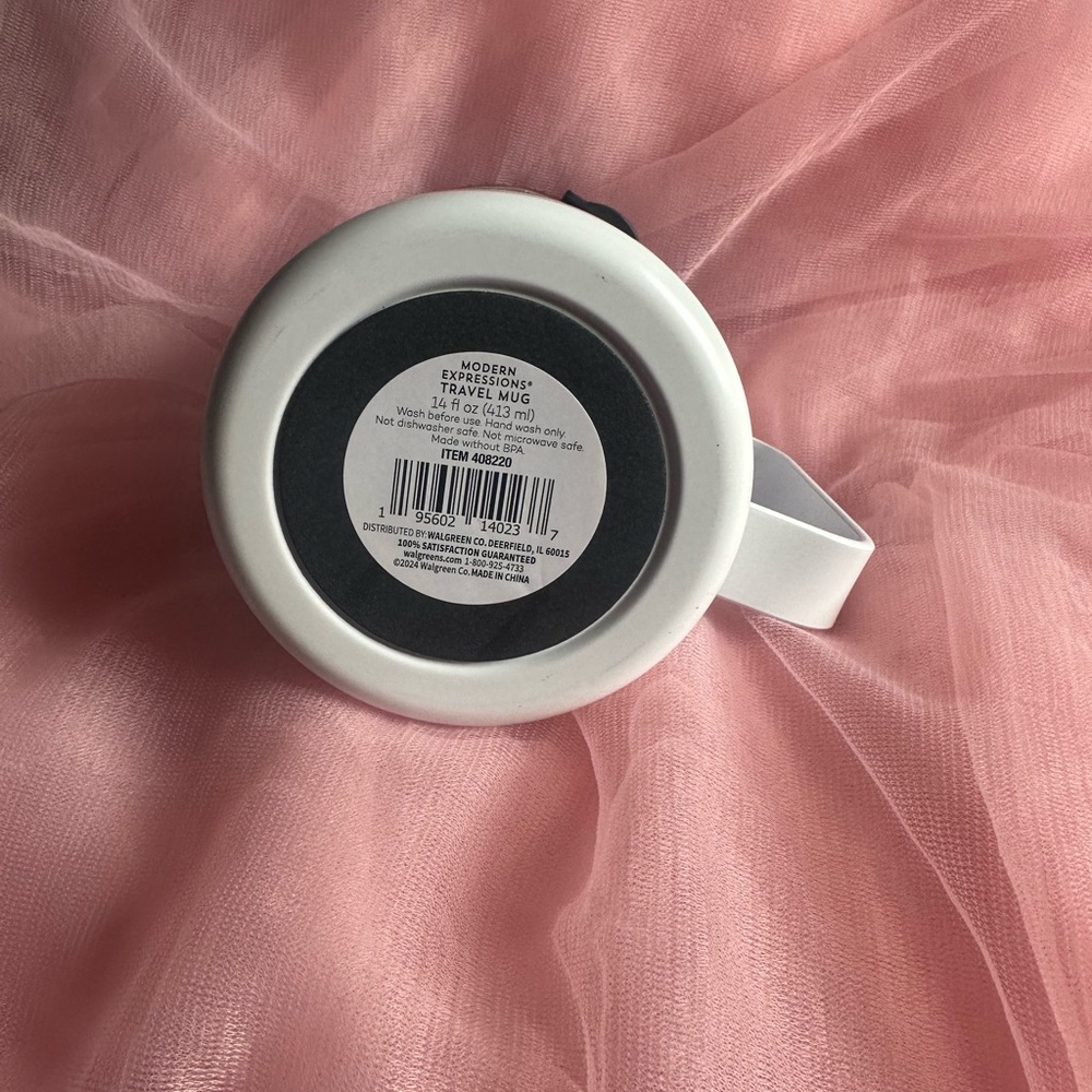 Stainless steel 14 ounce travel mug. White, pink and green with Plant Pot Design - Picture 4 of 4